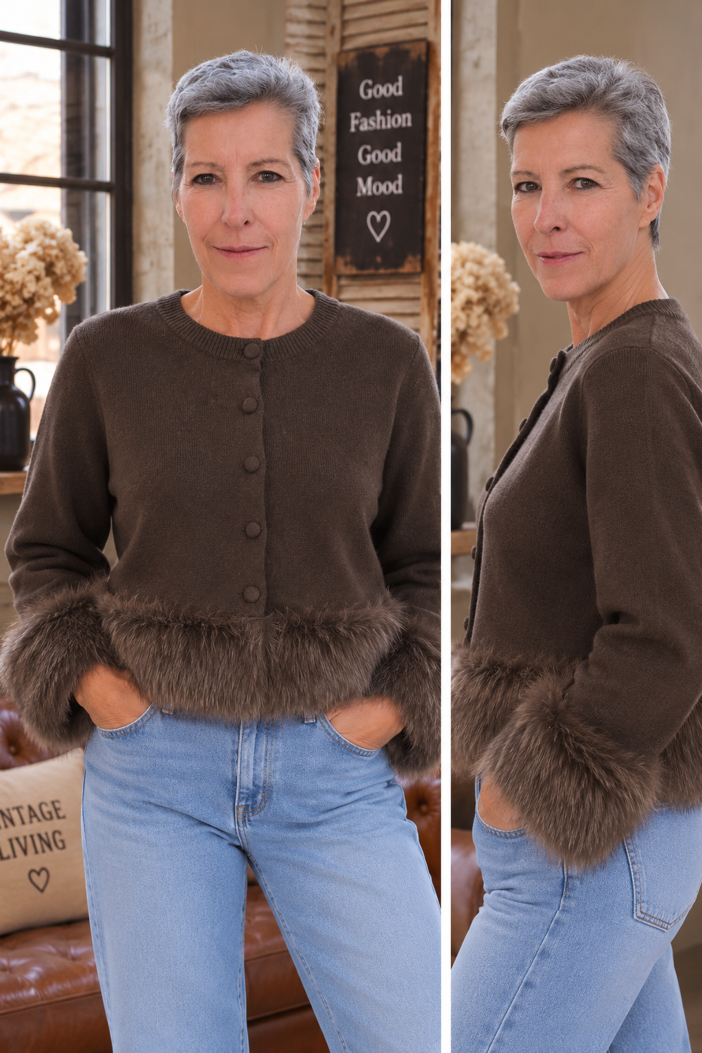 Elegante Strickjacke mit Kunstfellbesatz – Grau & Braun
