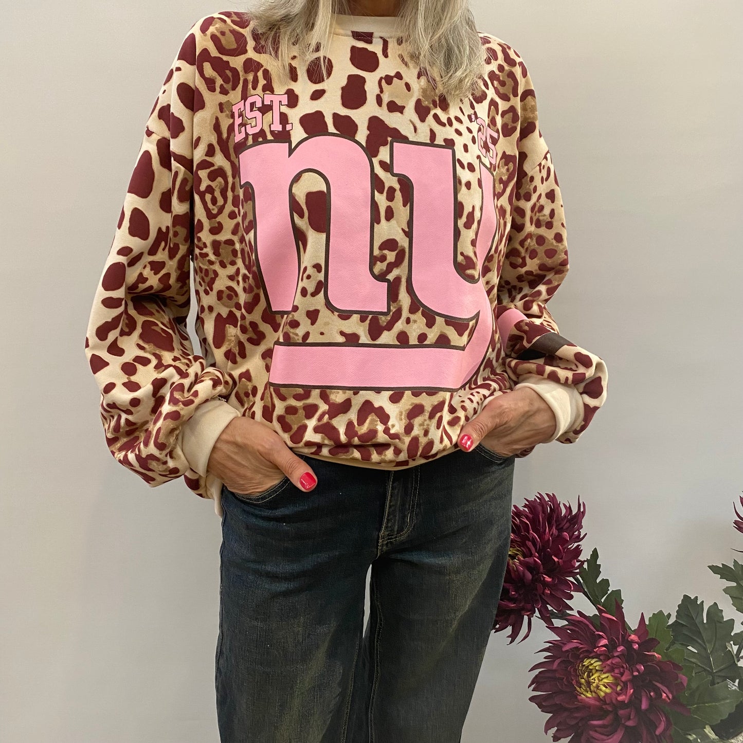 Damen Sweatshirt Leo-Look Aufdruck Einheitsgröße 36-42 80% Baumwolle
