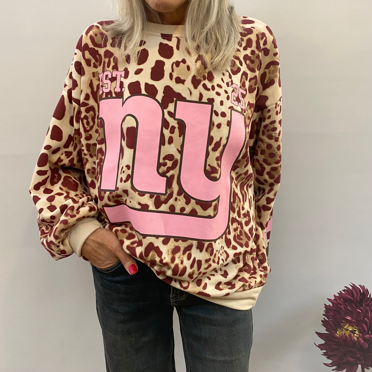 Damen Sweatshirt Leo-Look Aufdruck Einheitsgröße 36-42 80% Baumwolle