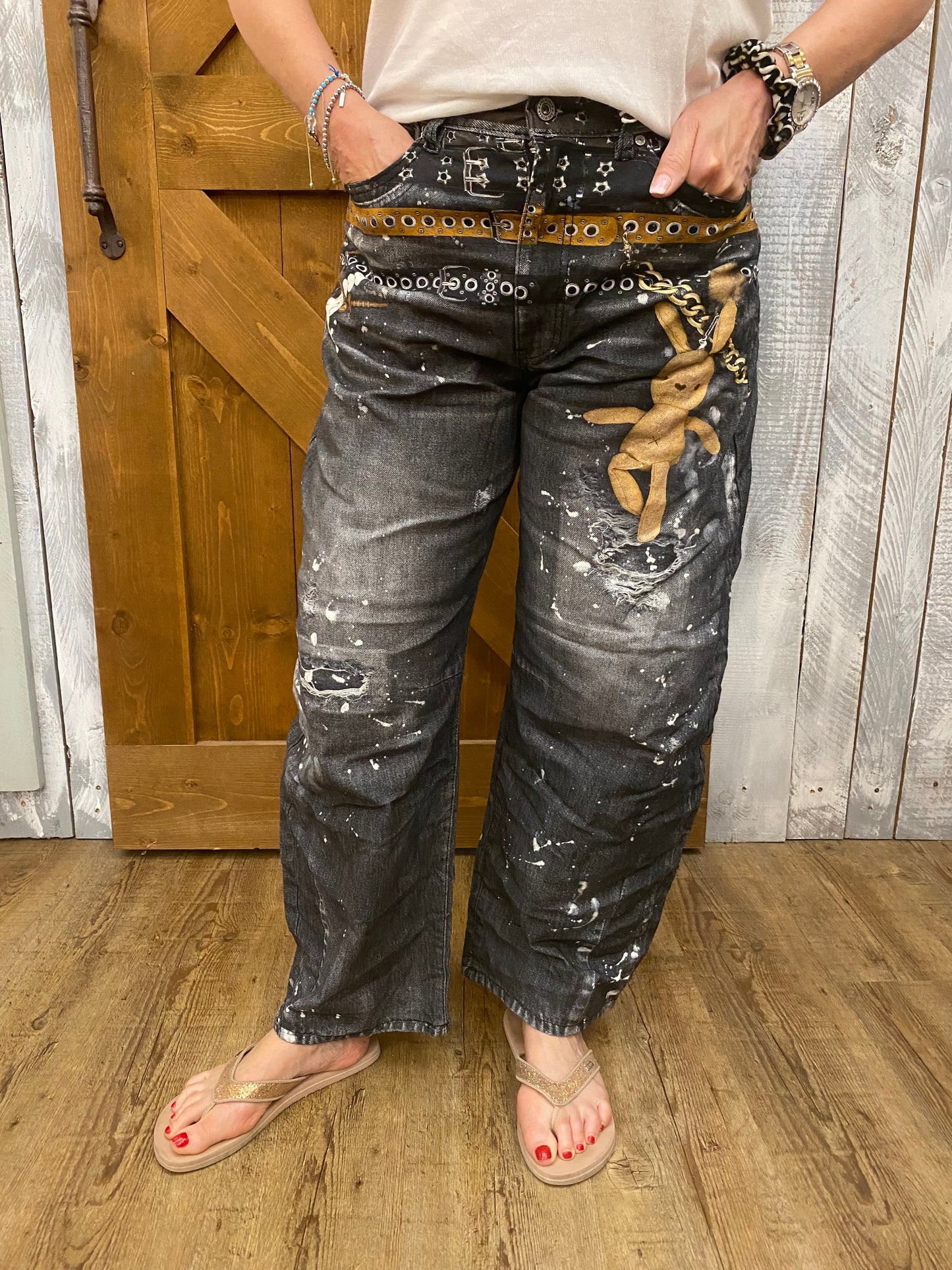 Ballon Jeans Damen grau mit Taschen & einzigartigen Motiven Größe S-M-L