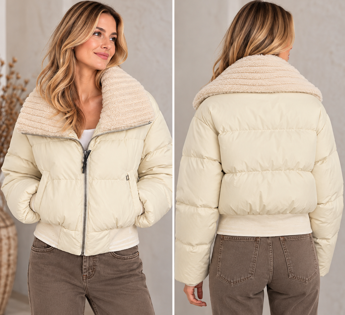 Damen Steppjacke mit kuscheligem Teddykragen – Creme