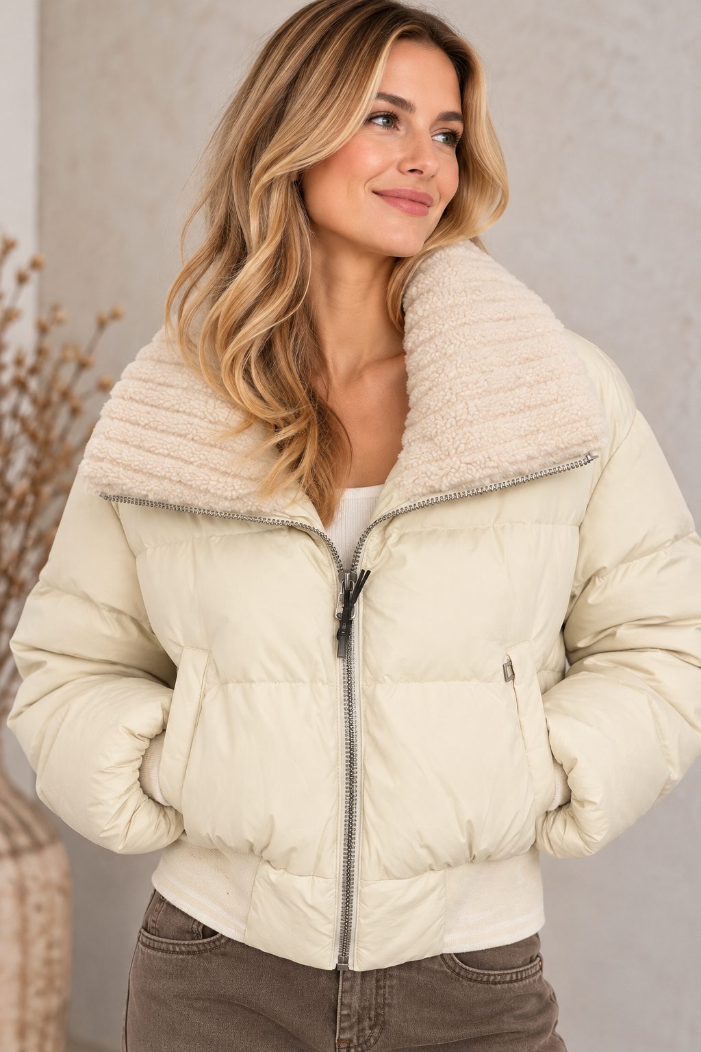 Damen Steppjacke mit kuscheligem Teddykragen – Creme