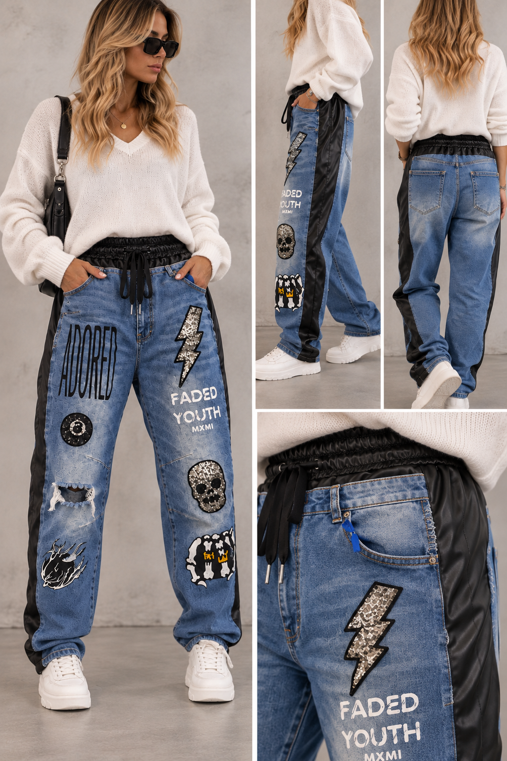 Trendige Boyfriend Jeans im Materialmix – Denim & Kunstleder