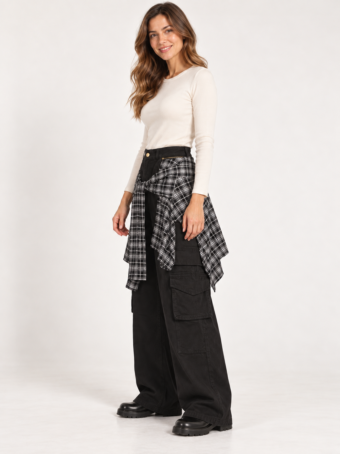 Schwarze Wide-Leg-Cargohose mit Karo-Detail