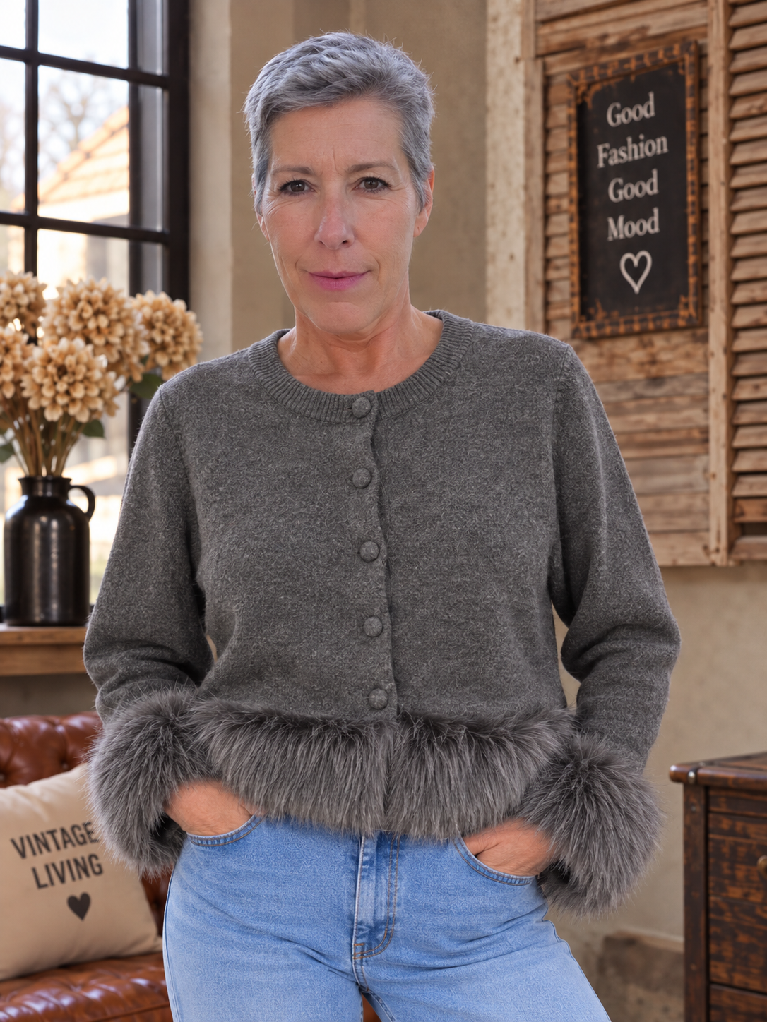 Elegante Strickjacke mit Kunstfellbesatz – Grau & Braun
