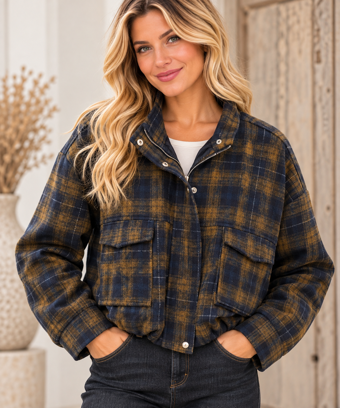 Karierte Jacke mit Stehkragen – perfekt zum passenden Hosenrock