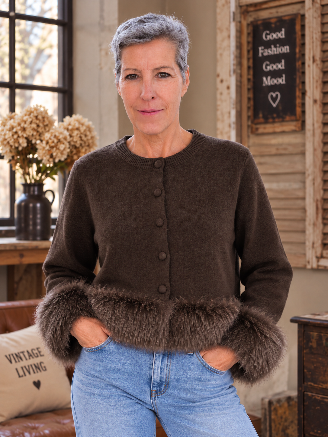 Elegante Strickjacke mit Kunstfellbesatz – Grau & Braun