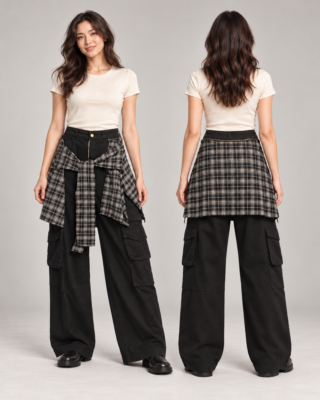Schwarze Wide-Leg-Cargohose mit Karo-Detail