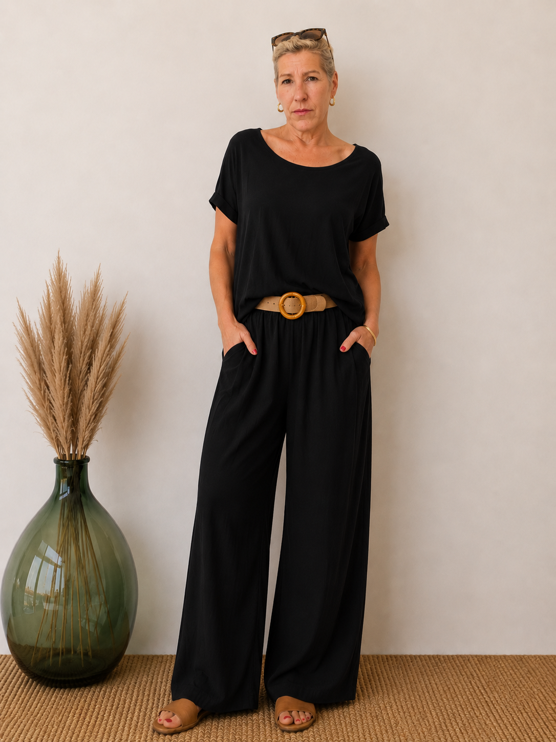 Damen Palazzo-Hose mit Flechtgürtel