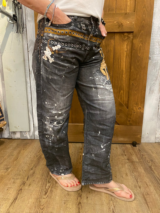 Ballon Jeans Damen grau mit Taschen & einzigartigen Motiven Größe S-M-L
